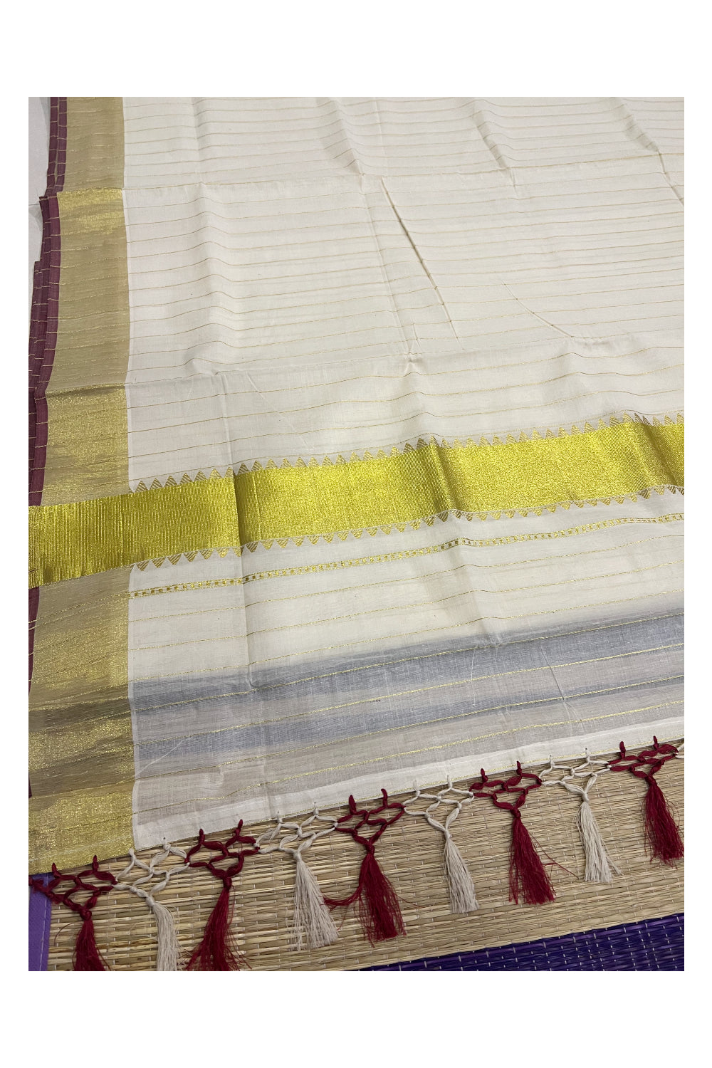 Kerala Cotton Stripes Design Saree with Kasavu Temple Pallu and Maroon Tassels work