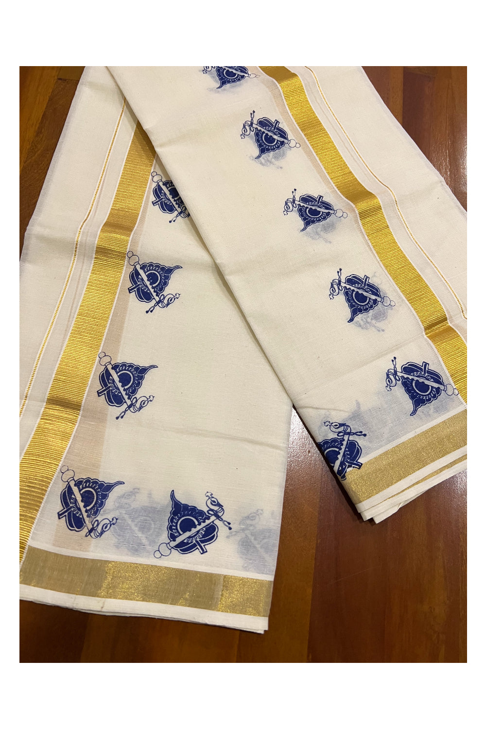 Kerala Cotton Kasavu Set Mundu (Mundum Neriyathum) with Blue Block Prints