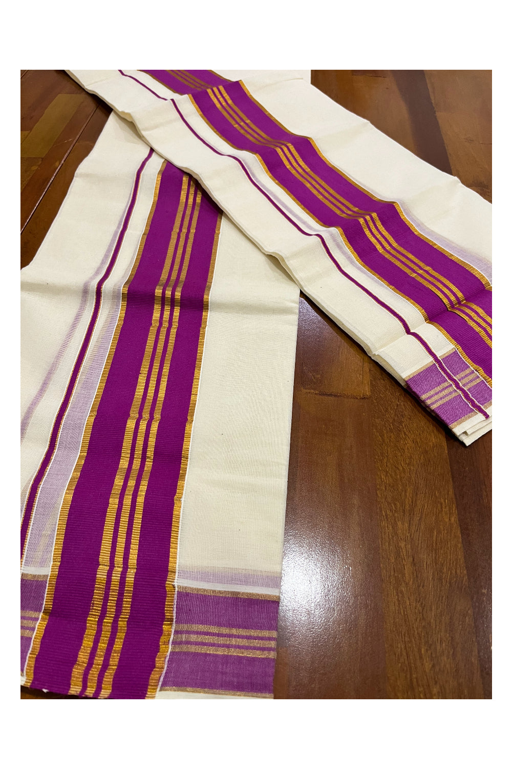 Pure Cotton Kerala Single Set Mundu (Mundum Neriyathum) with Magenta and Kasavu Border