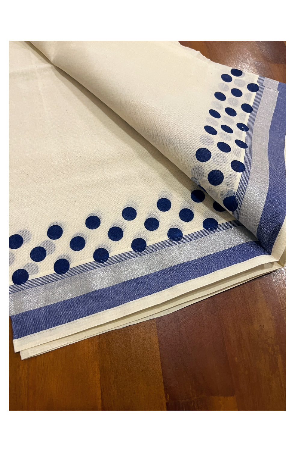 Kerala Cotton Silver Kasavu Set Mundu (Mundum Neriyathum) with Blue Polka Prints