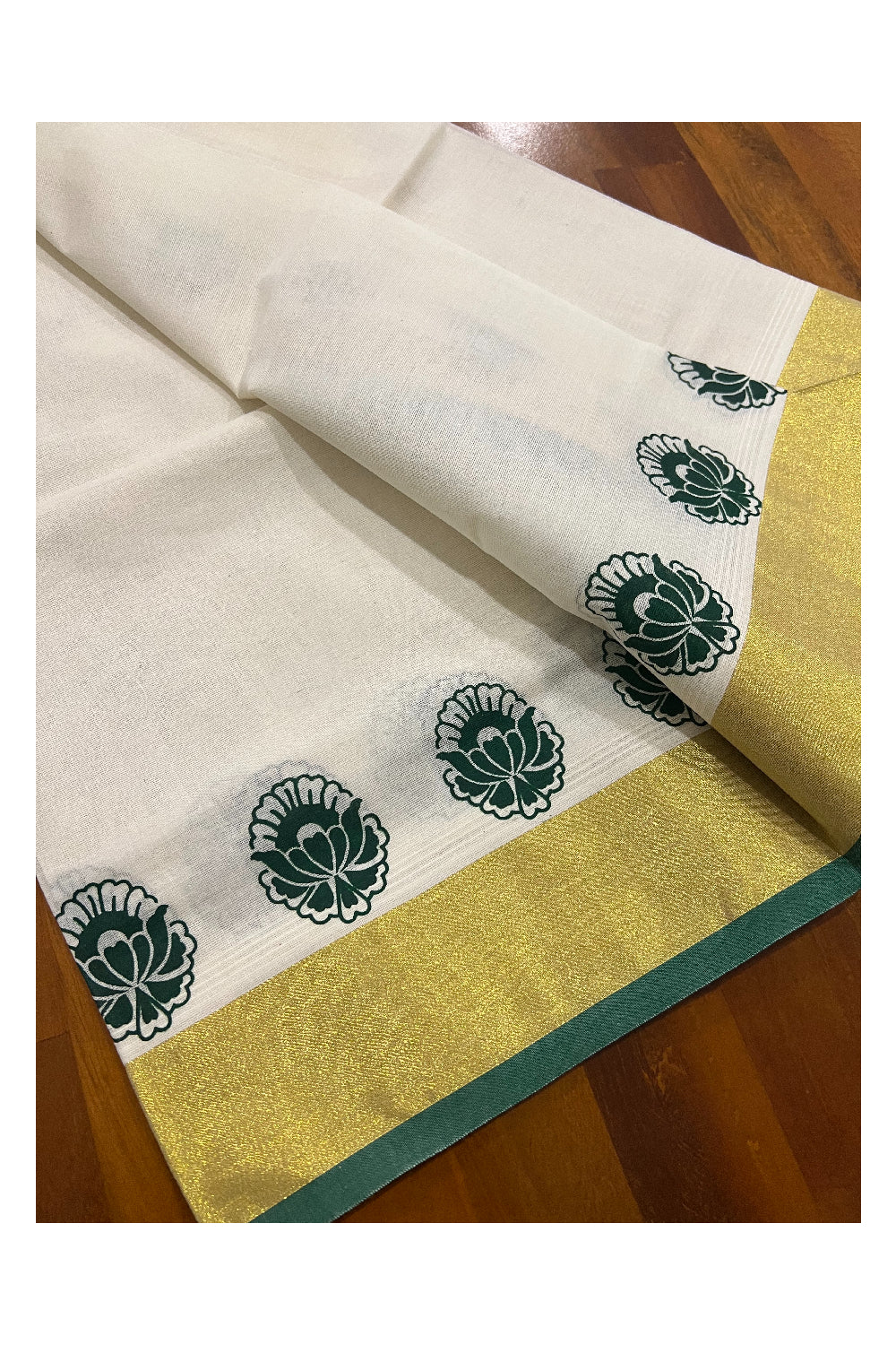 Kerala Cotton Set Mundu (Mundum Neriyathum) with Green Floral Block Prints and Kasavu Border