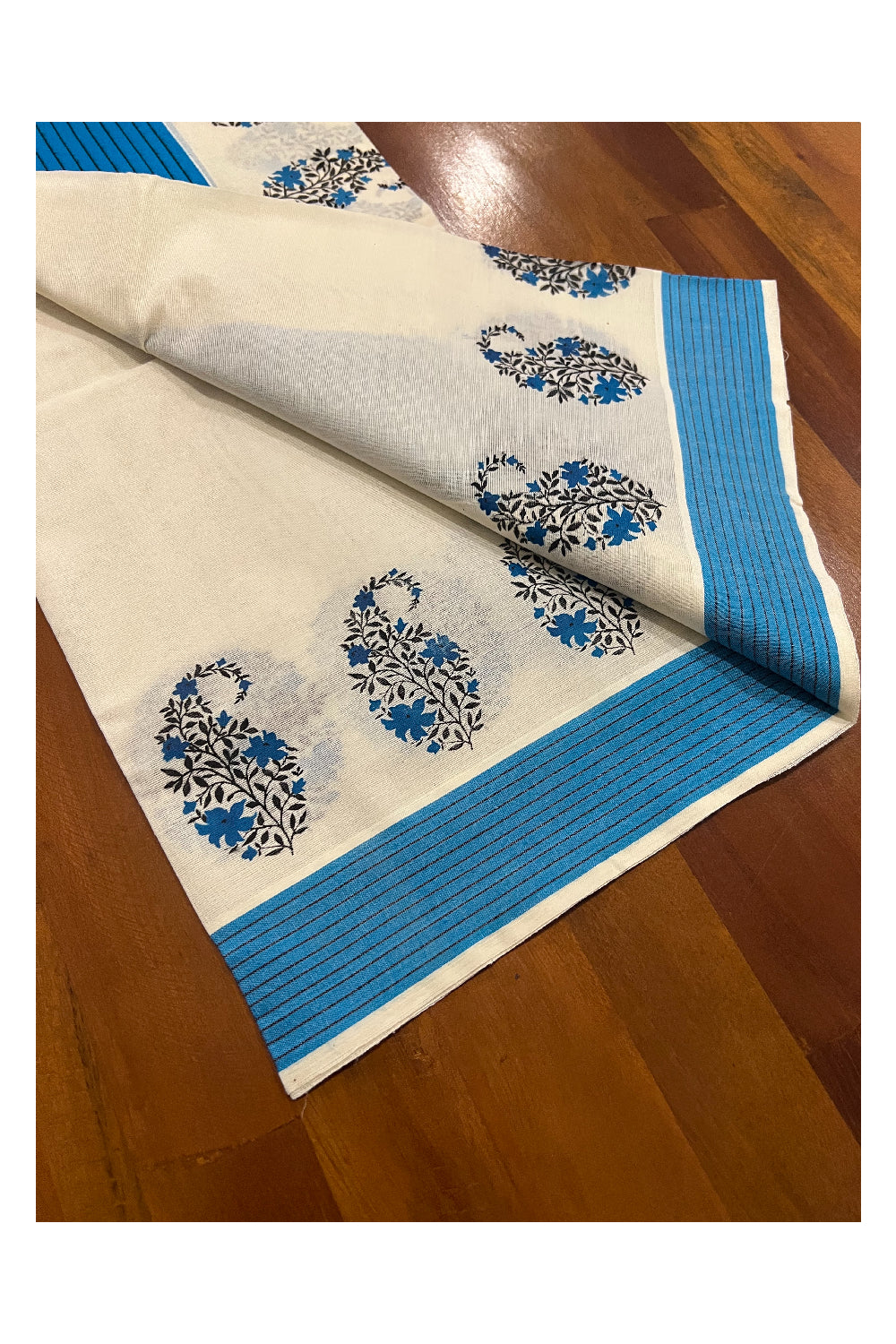 Kerala Cotton Set Mundu (Mundum Neriyathum) with Floral Block Prints in Blue Border