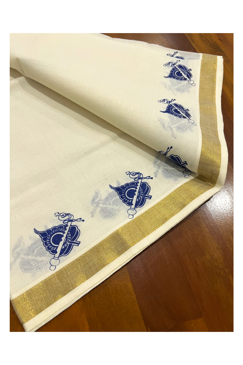 Kerala Cotton Kasavu Set Mundu (Mundum Neriyathum) with Blue Block Prints