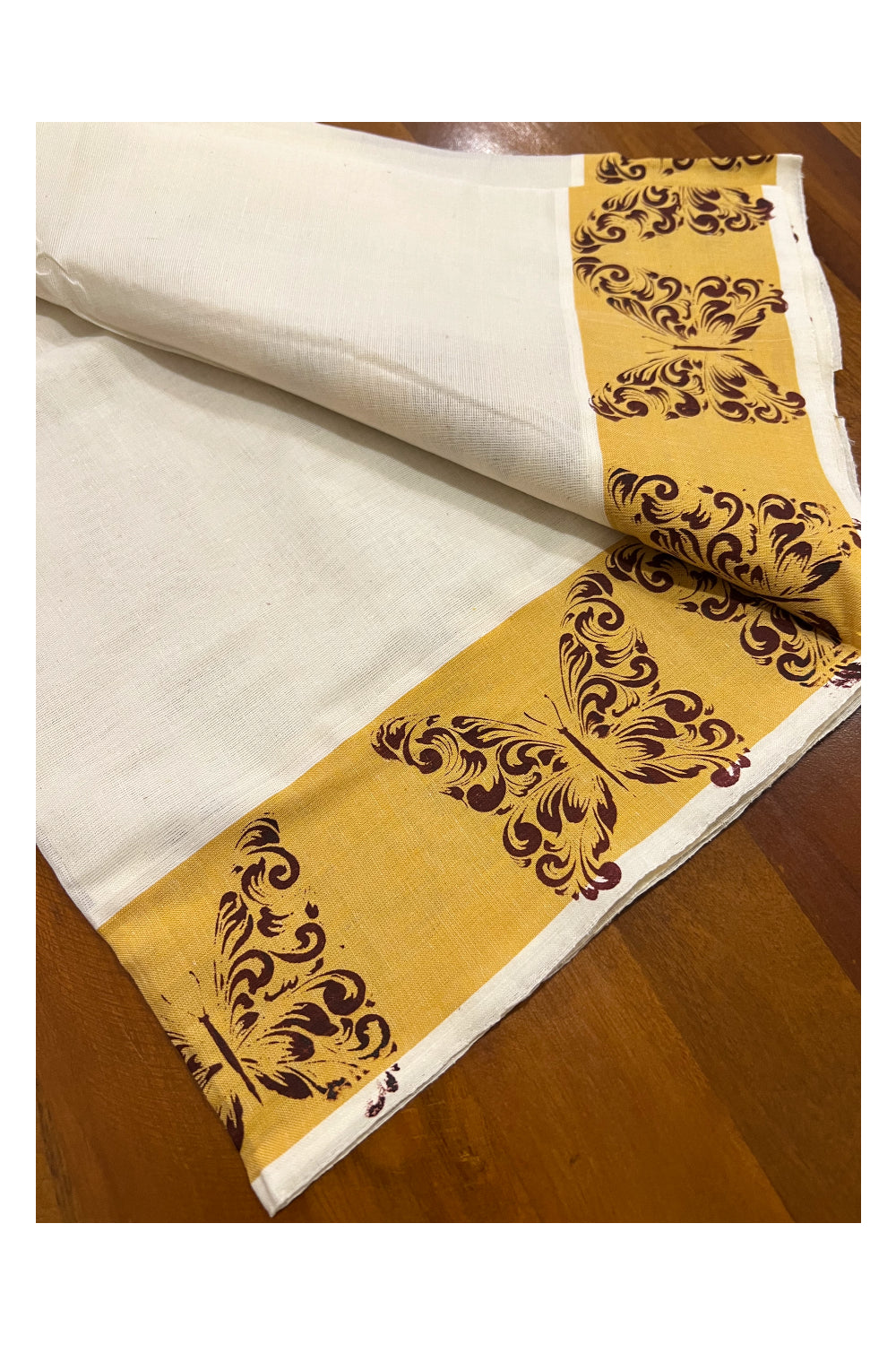 Kerala Cotton Set Mundu (Mundum Neriyathum) with Brown Butterfly Temple Block Prints on Yellow Border