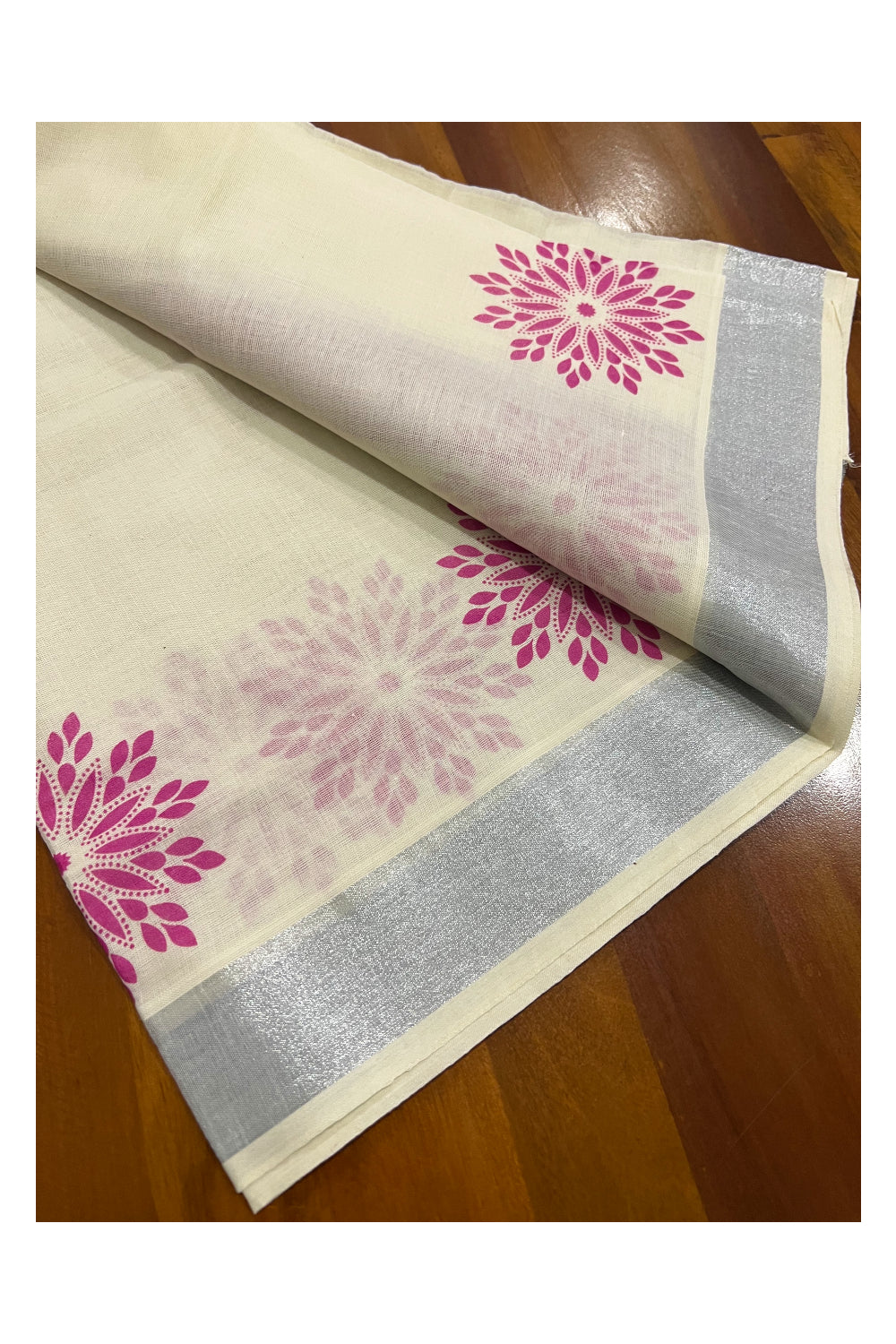 Pure Cotton Kerala Silver Kasavu Set Mundu (Mundum Neriyathum) with Floral Block Prints on Magenta Border