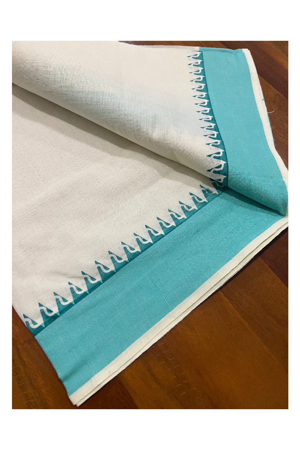 Pure Cotton Set Mundu (Mundum Neriyathum) with Turquoise Temple Block Prints Border