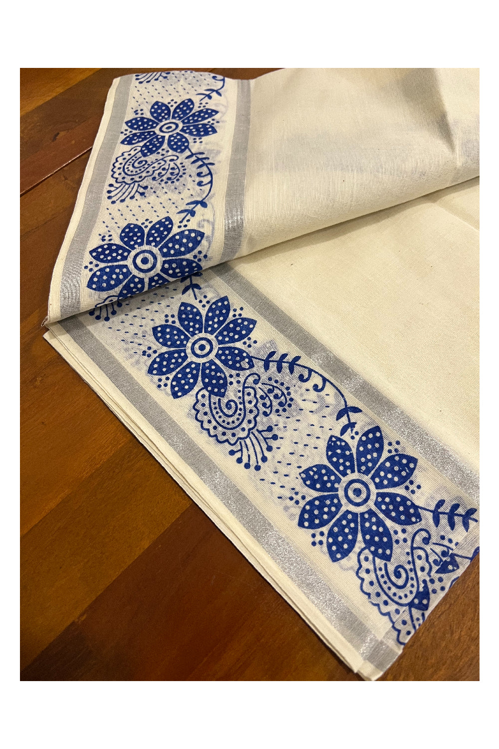 Kerala Cotton Silver Kasavu Set Mundu (Mundum Neriyathum) with Blue Floral Block Print Border