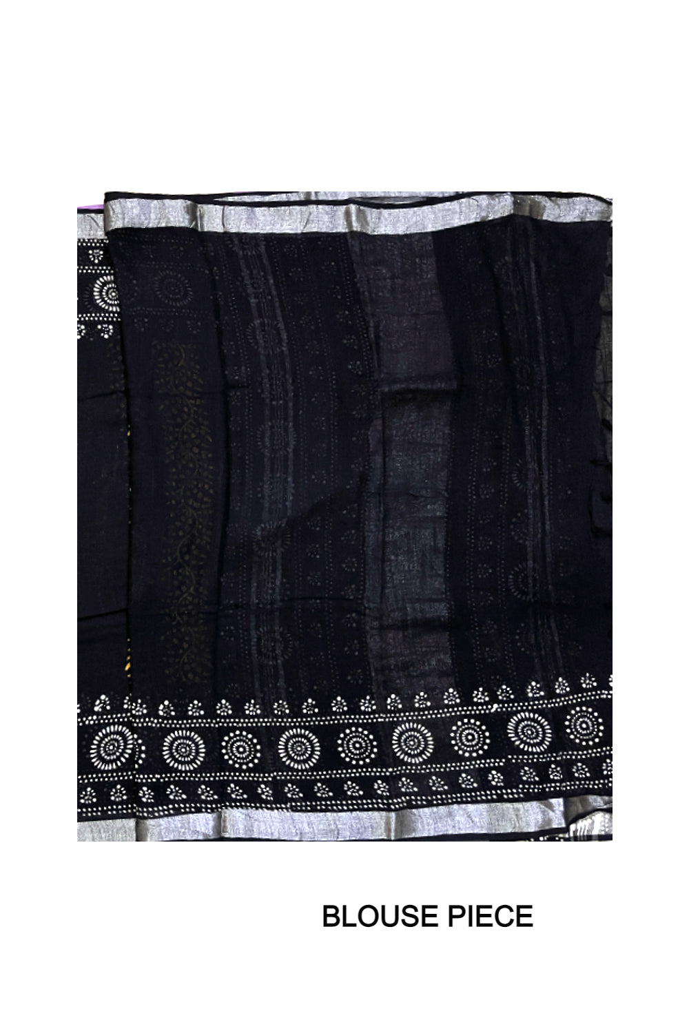 Southloom Linen Designer Black Saree with Yellow White Fabric Prints on Body and Tassels Works