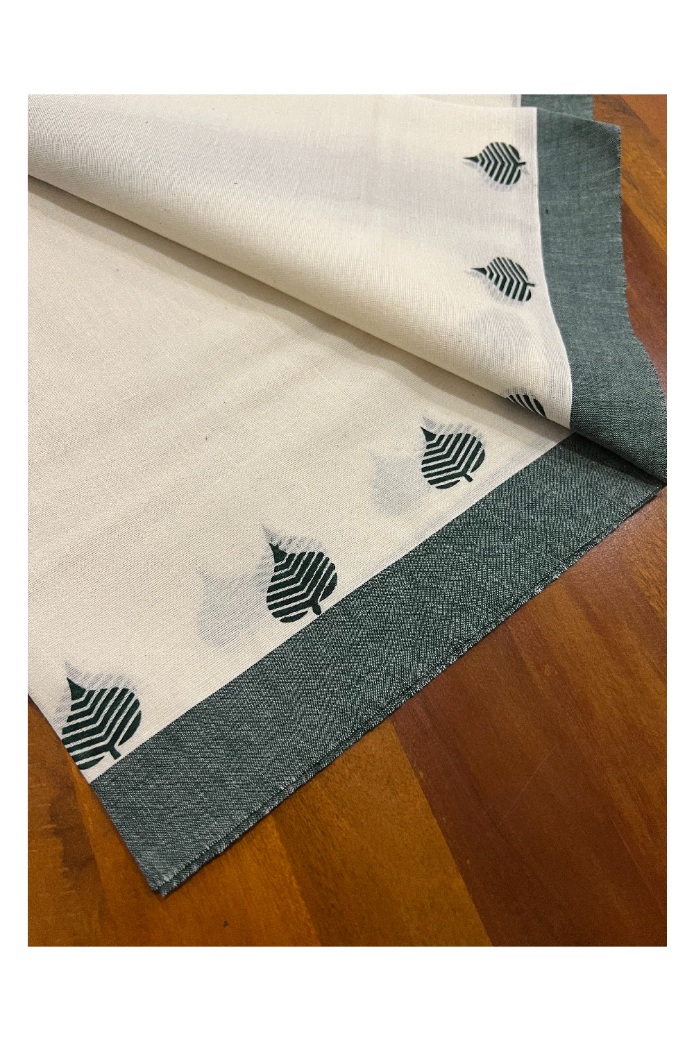 Pure Cotton Set Mundu (Mundum Neriyathum) with Dark Green Leaf Block Prints on Border