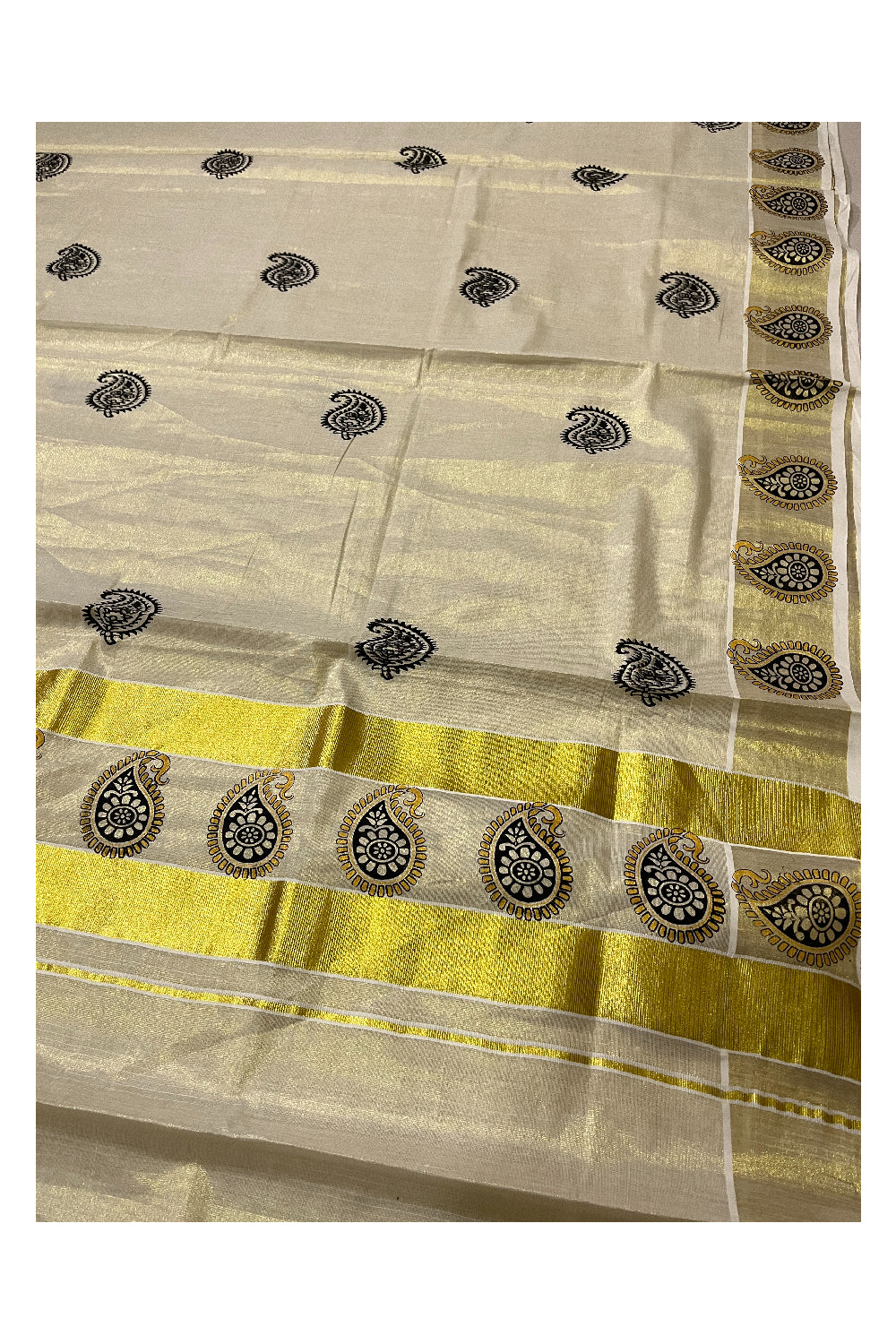 Kerala Tissue Kasavu Black Paisley Block Printed Design Saree