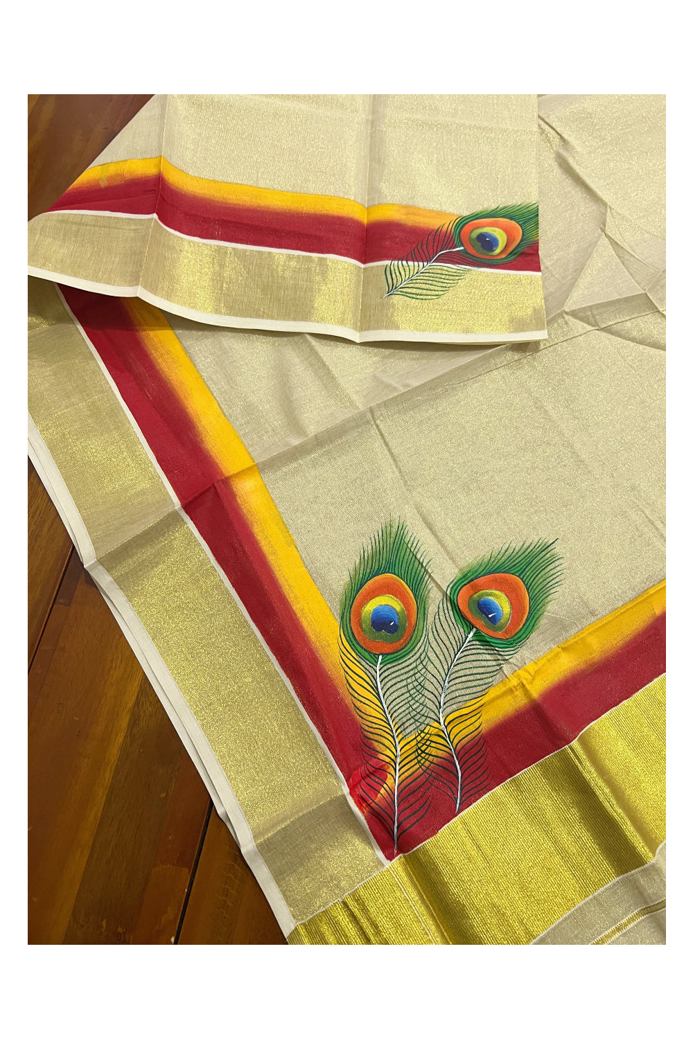 Kerala Tissue Kasavu Set Mundu (Mundum Neriyathum) with Red Hand Painted Works on Border