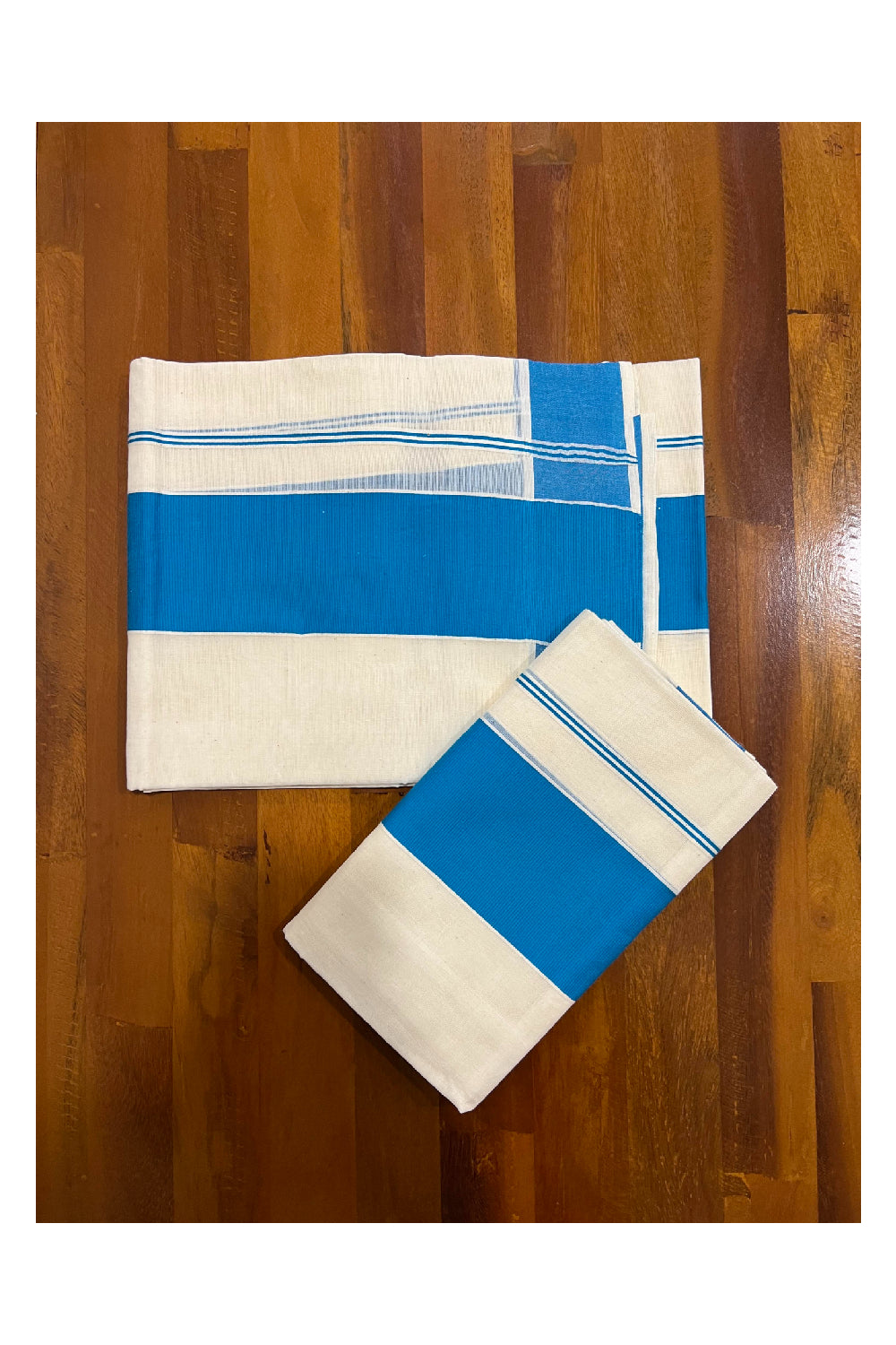 Kerala Cotton Mundum Neriyathum Single (Set Mundu) with Blue Border
