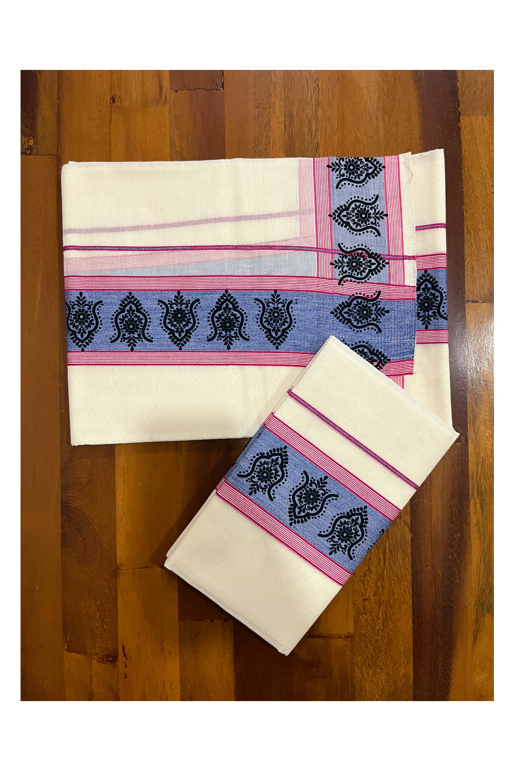 Kerala Cotton Single Set Mundu (Mundum Neriyathum) with Black Block Prints on Blue Red Border