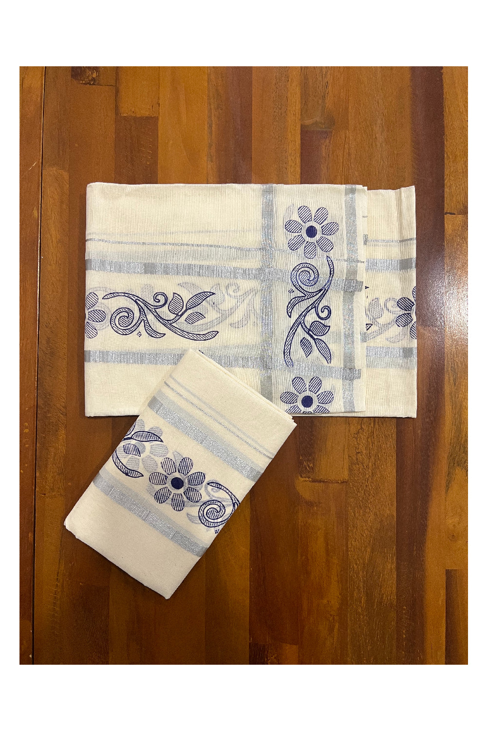 Kerala Cotton Set Mundu (Mundum Neriyathum) with Blue Block Prints in Silver Border