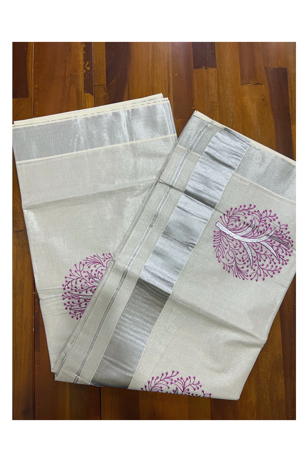 Kerala Silver Tissue Kasavu Saree with Magenta Floral Thread works