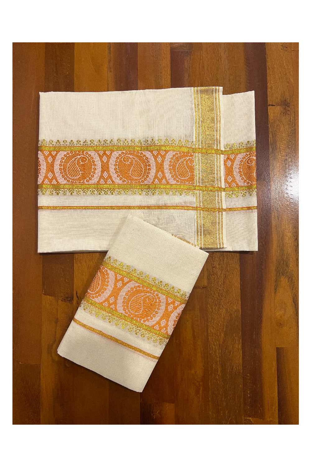 Kerala Cotton Set Mundu (Mundum Neriyathum) with Orange Paisley Woven and Kasavu Border