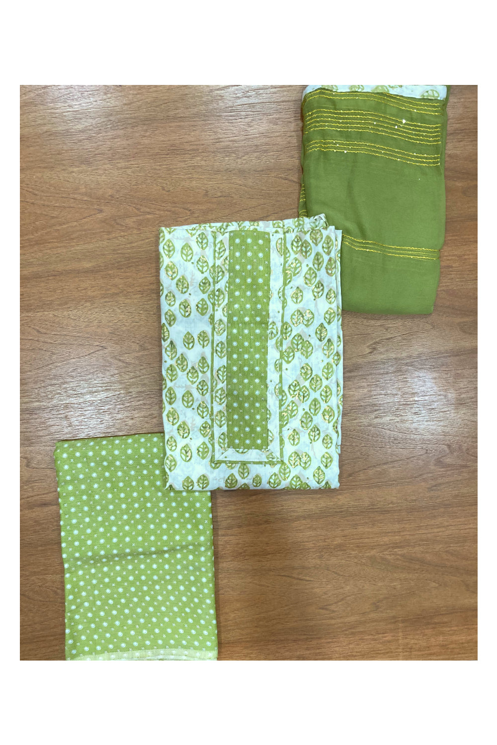 Southloom™ Cotton Churidar Salwar Suit Material in White and Light Green Prints