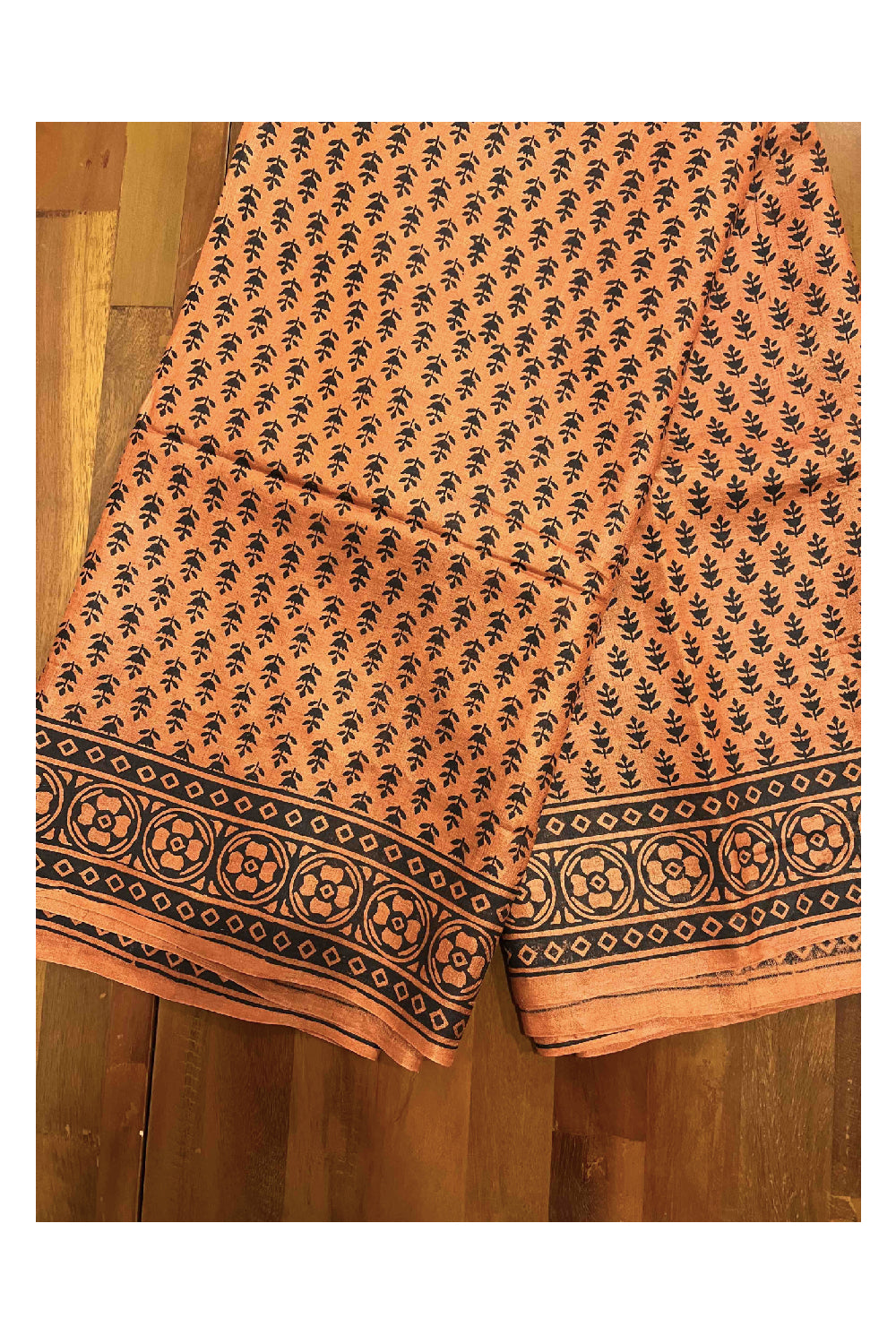 Southloom Handloom Pure Tussar Dark Orange and Black Printed Designer Saree