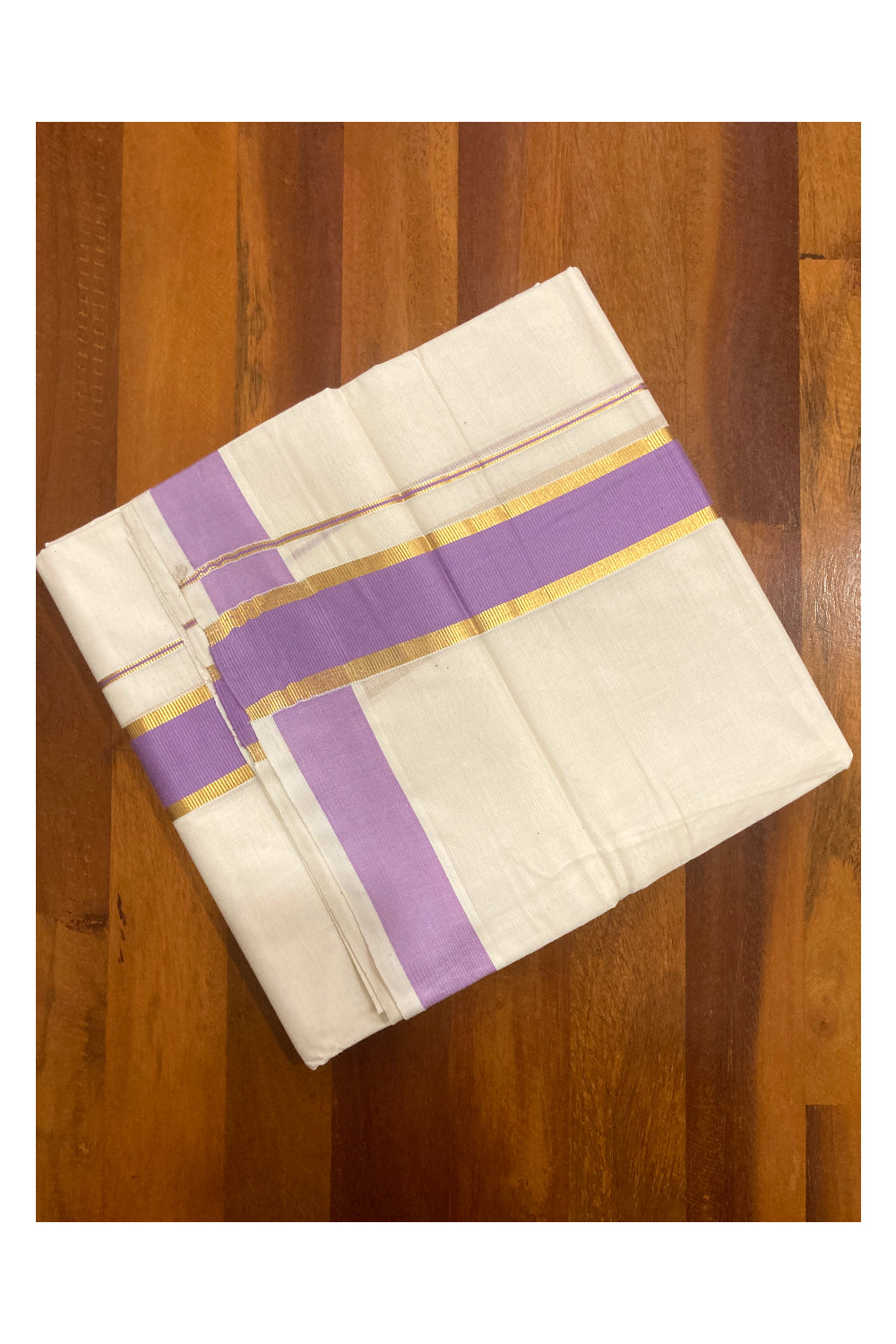 Off White Pure Cotton Double Mundu with Kasavu and Violet Border (South Indian Kerala Dhoti)