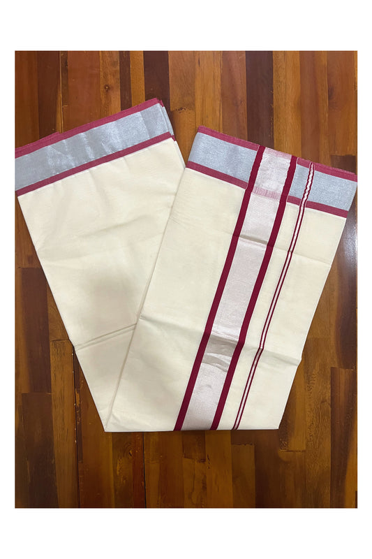 Kerala Pure Cotton Plain Saree with Silver Kasavu and Maroon Border