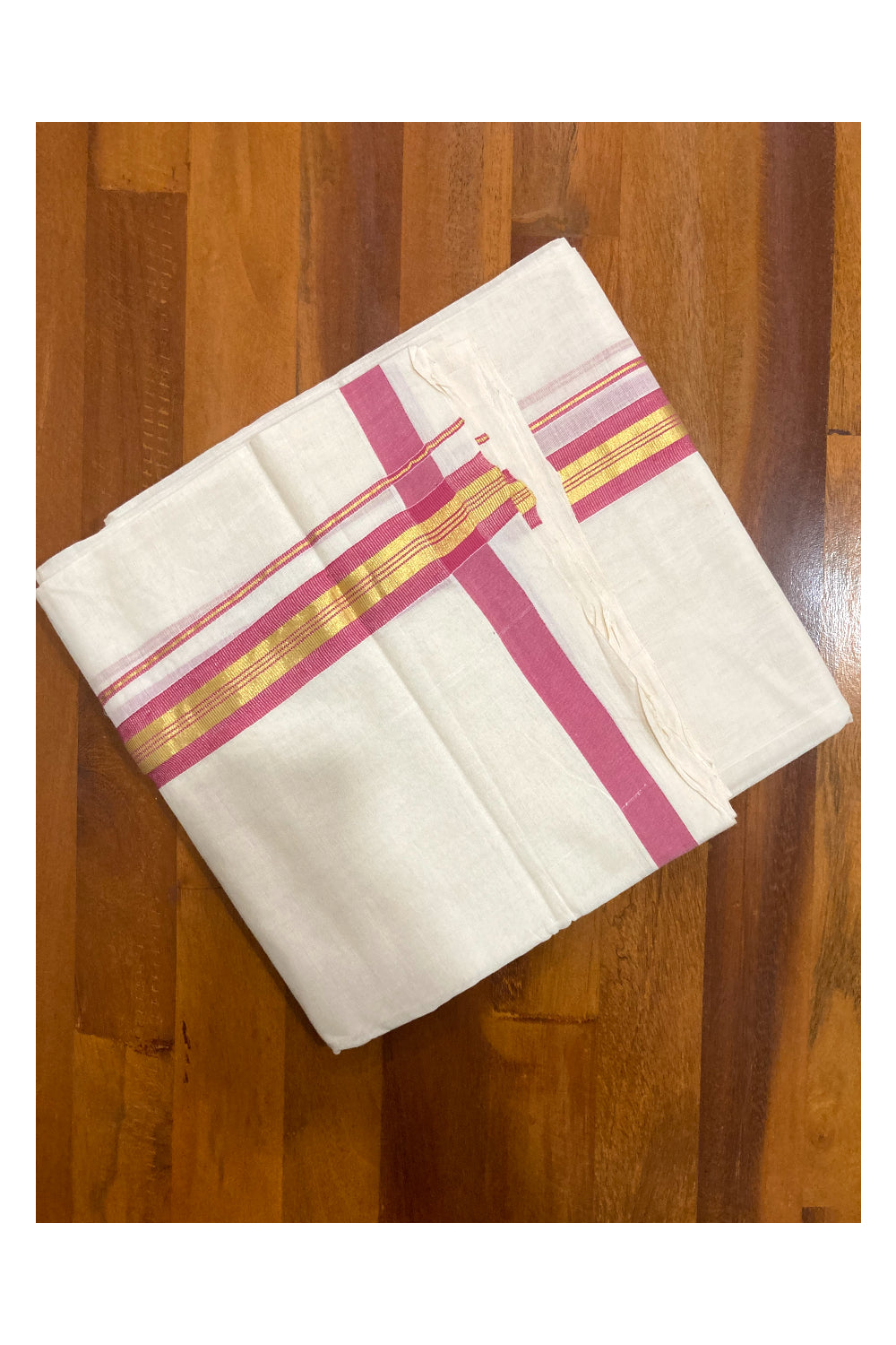 Southloom Premium Handloom Pure Cotton Mundu with Kasavu and Pink Border (South Indian Dhoti)