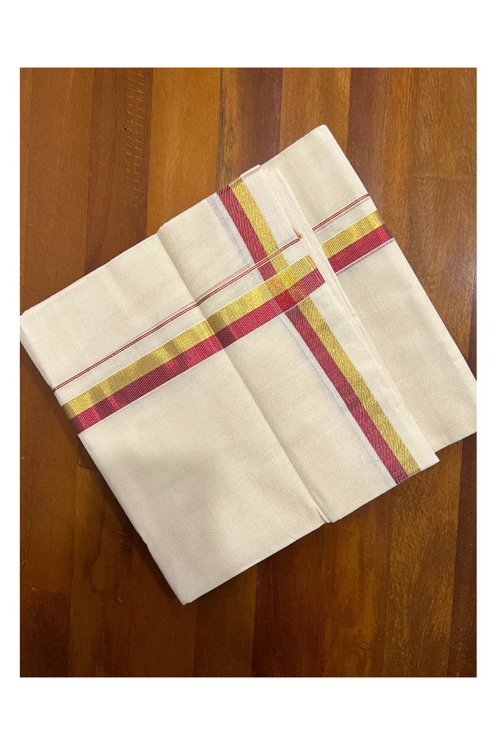 Southloom Balaramapuram Handloom Pure Cotton Mundu with Golden and Red Kasavu Border (South Indian Dhoti)