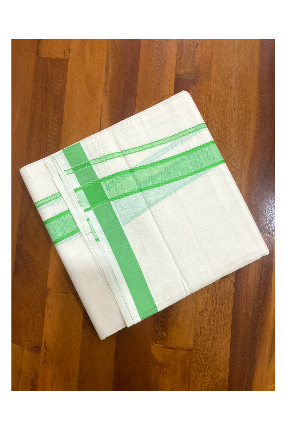 Off White Pure Cotton Double Mundu with Green Border (South Indian Kerala Dhoti)