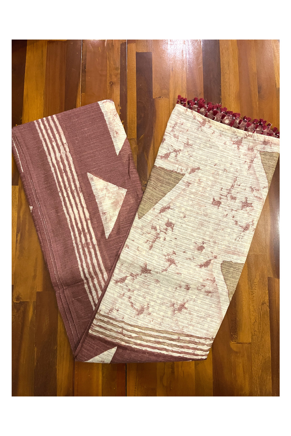 Southloom Art Silk Saree with Maroon and Beige Prints on Body