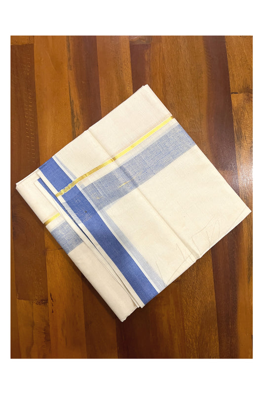 Pure Cotton Double Mundu with Kasavu Blue Kara (South Indian Dhoti)