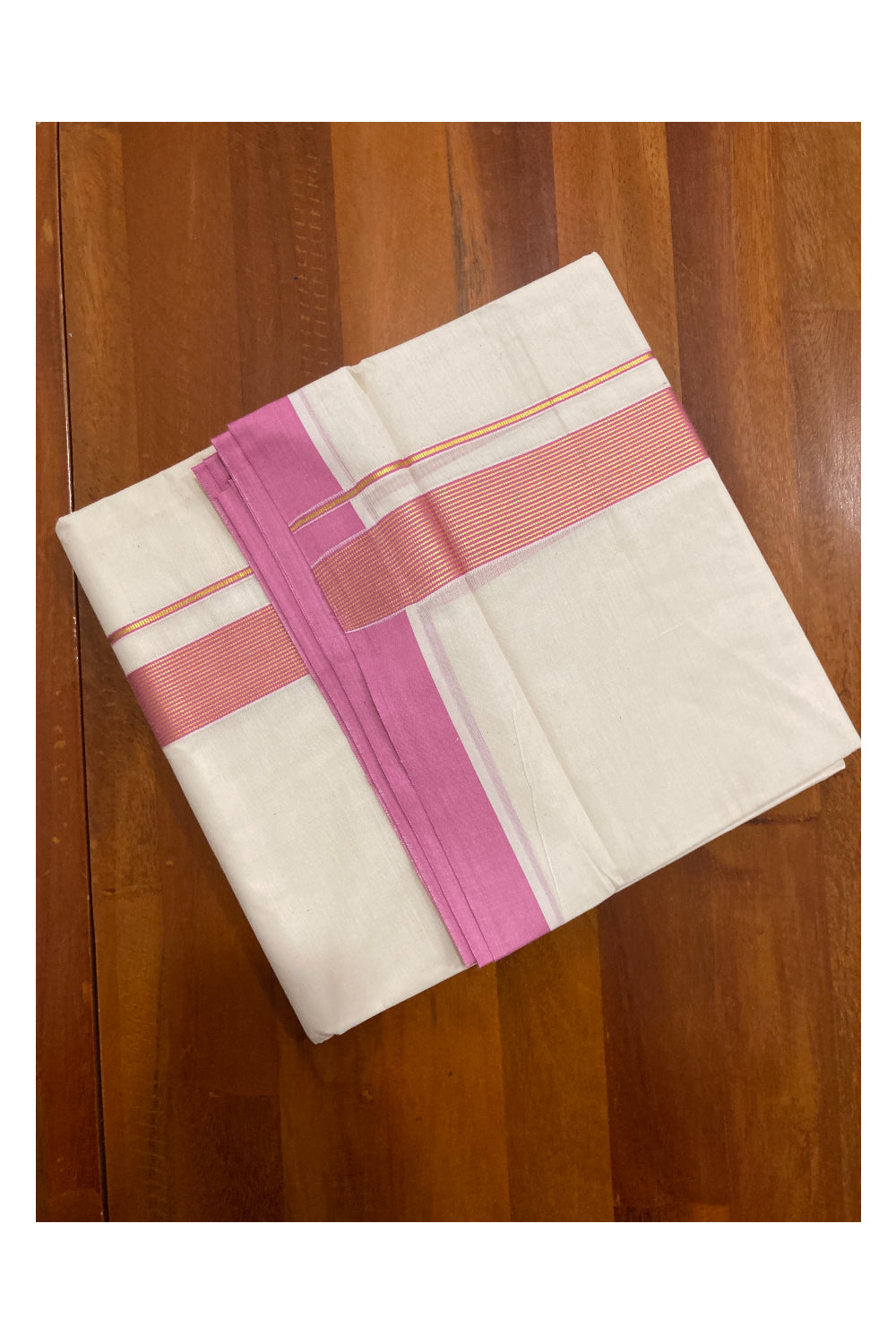 Off White Kerala Double Mundu with Kasavu and Pink Line Border (South Indian Dhoti)