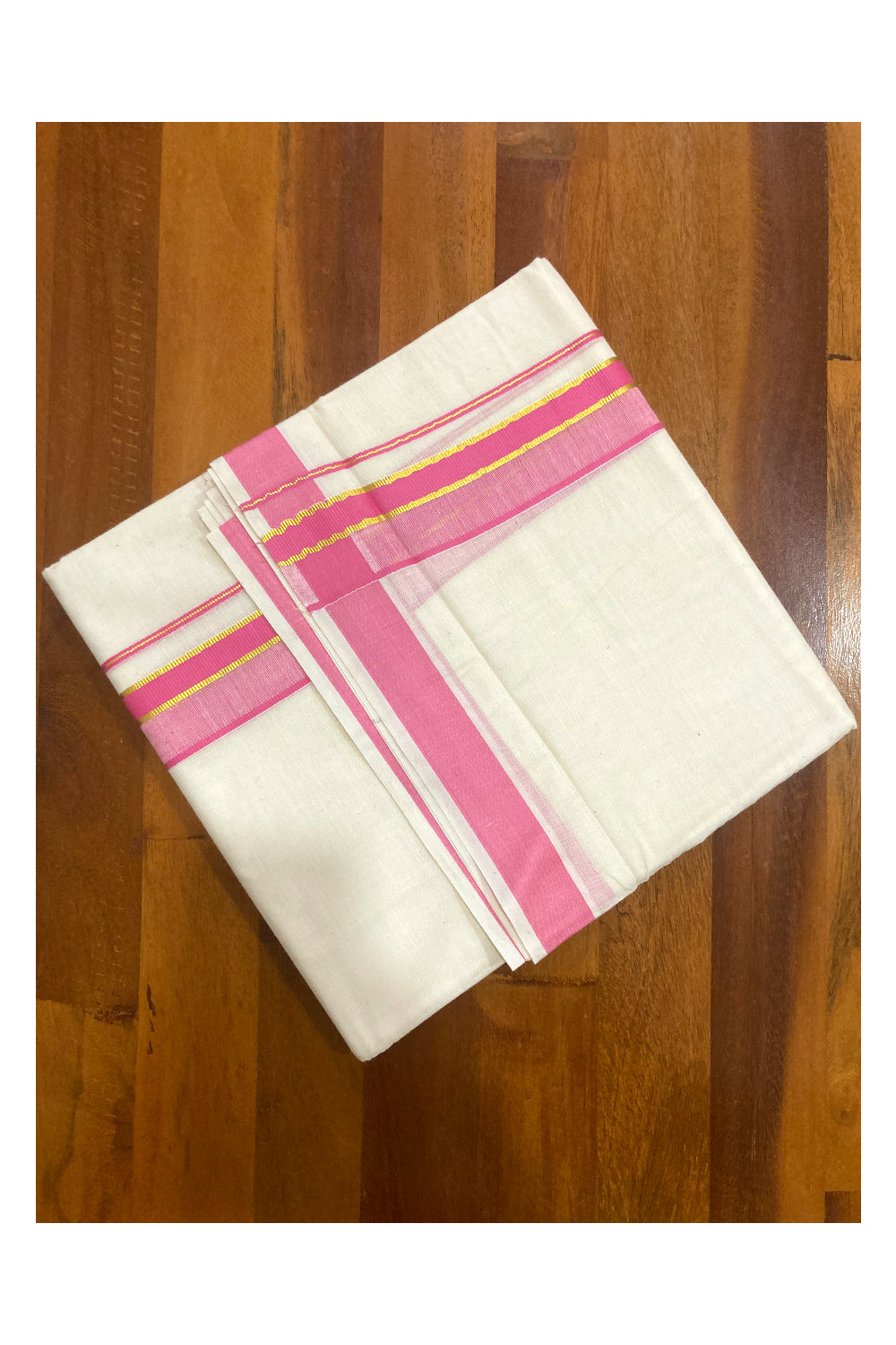 Pure Cotton Off White Double Mundu with Pink and Kasavu Border (South Indian Dhoti)