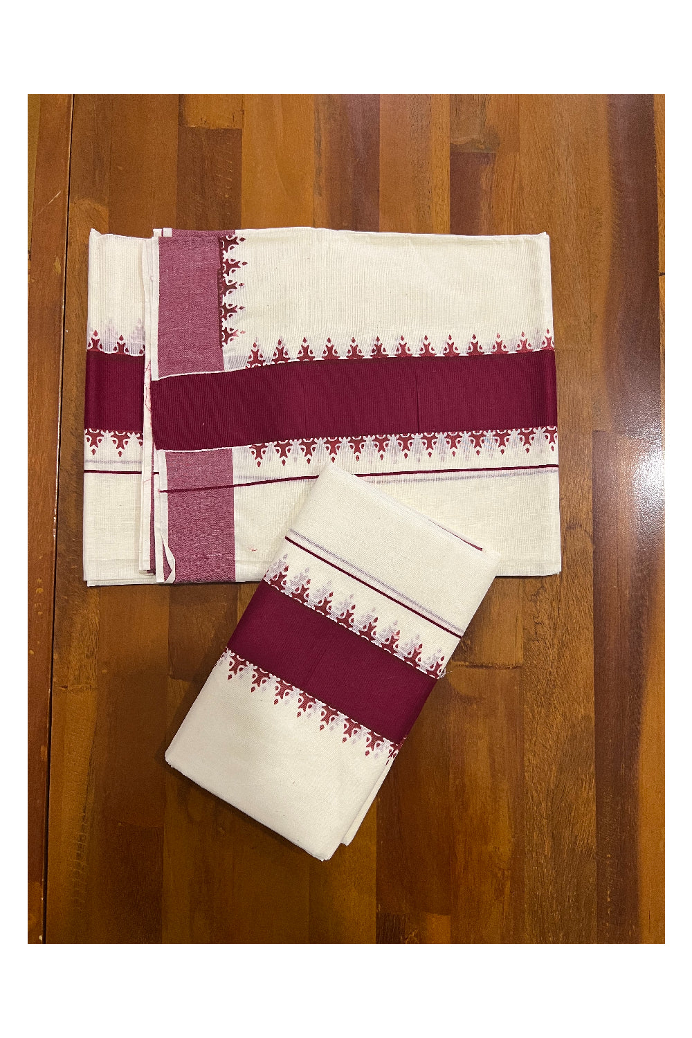 Pure Cotton Set Mundu (Mundum Neriyathum) with Maroon Temple Block Prints Border