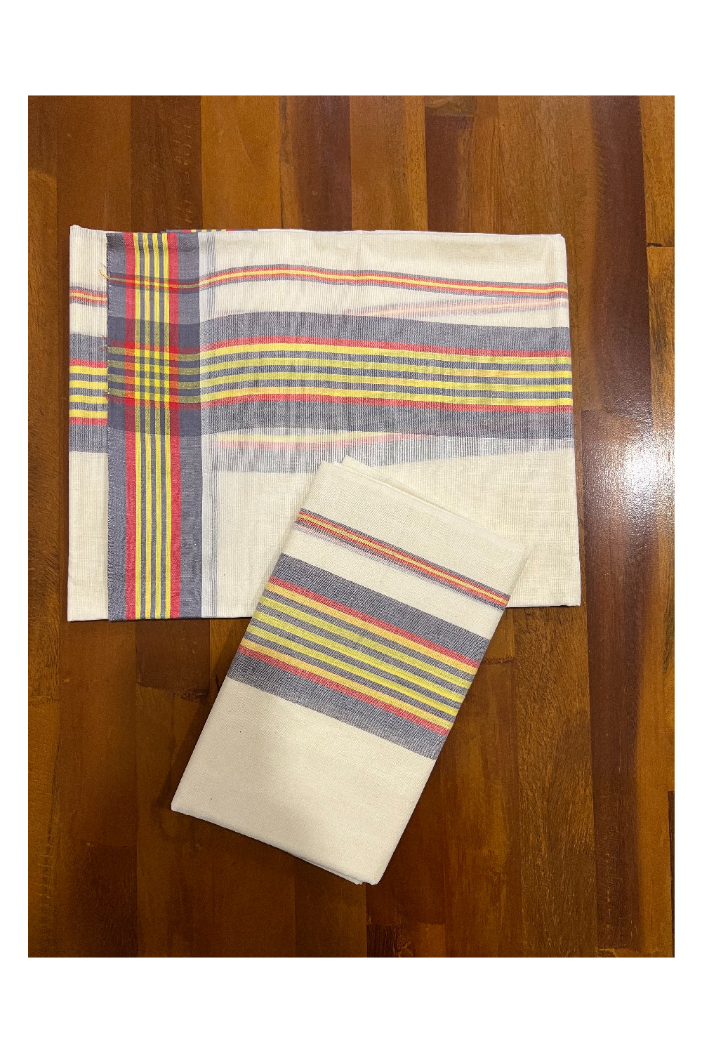 Kerala Cotton Mundum Neriyathum Single (Set Mundu) with Grey Yellow and Orange Mulloth Border (Extra Soft Cotton)