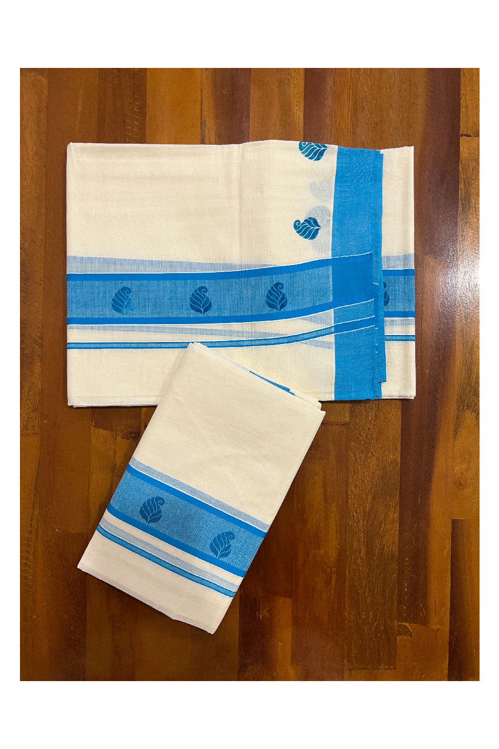Pure Cotton Set Mundu (Mundum Neriyathum) with Light Blue Paisley Block Prints on Border