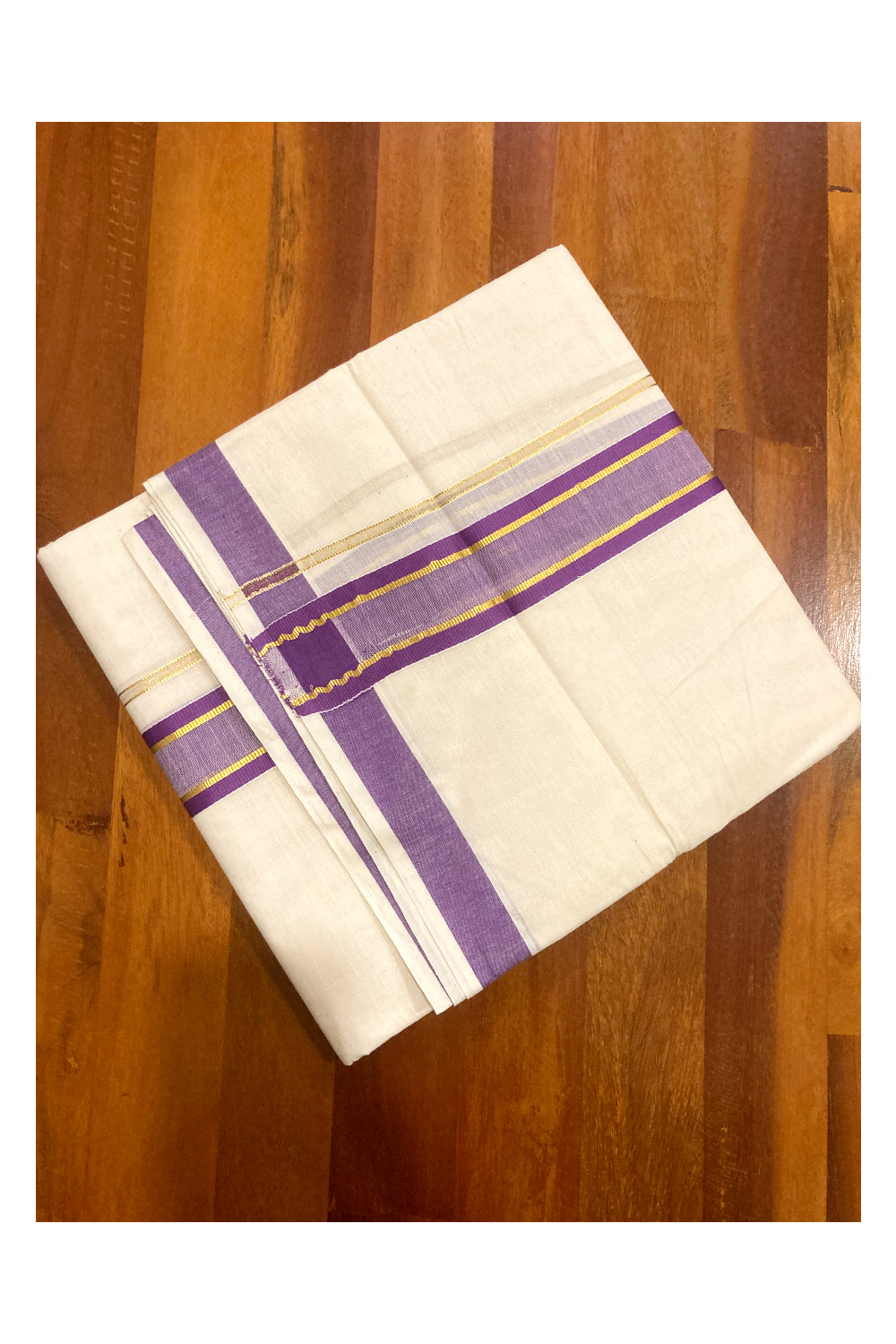 Off White Pure Cotton Double Mundu with Kasavu and Violet Border (South Indian Dhoti)