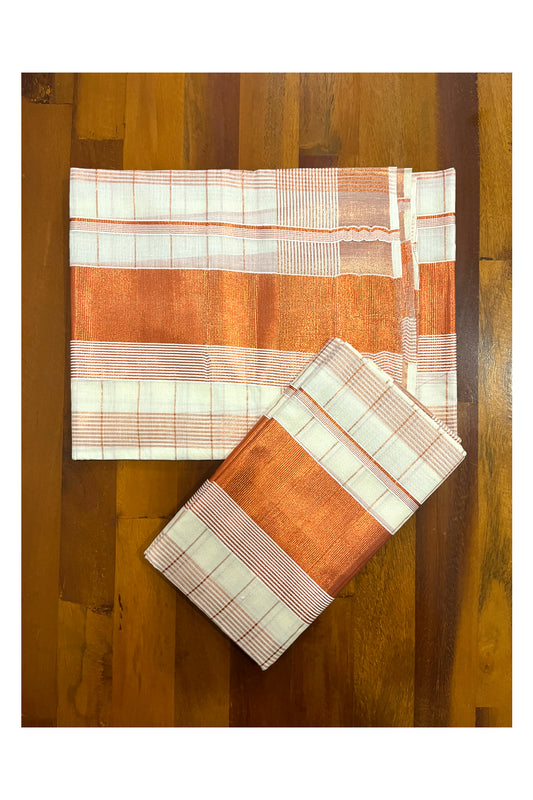 Kerala Cotton Set Mundu (Mundum Neriyathum) with Copper Kasavu Checks Across Body 2.80 Mtrs