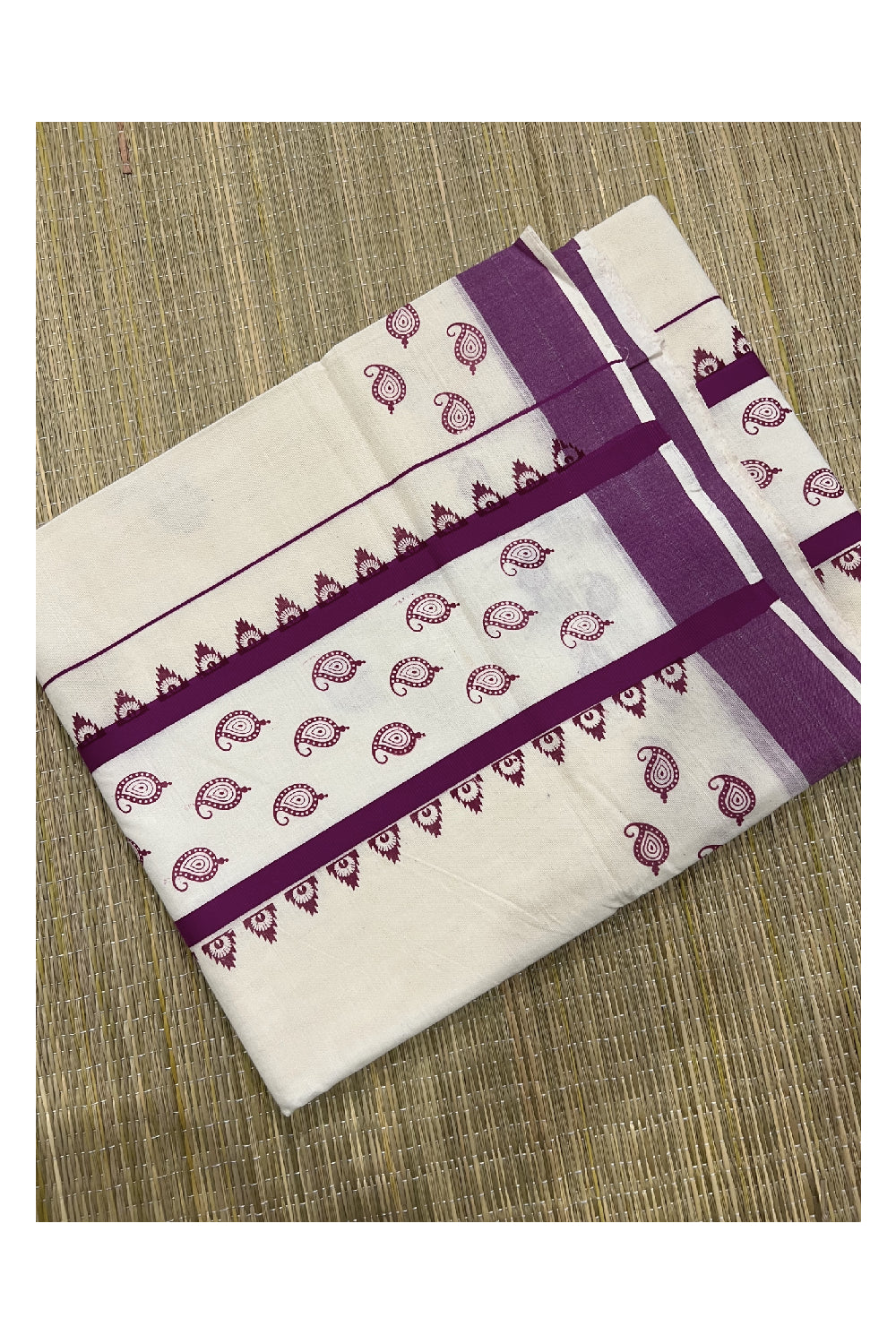 Pure Cotton Off White Kerala Saree with Magenta Paisley Block Print Border