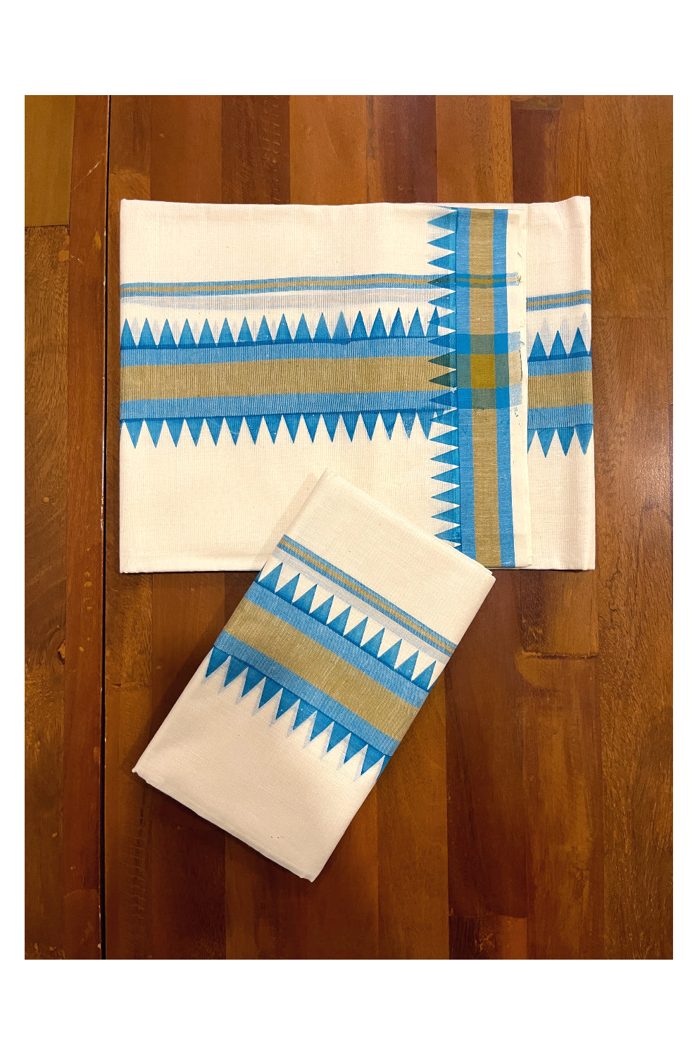 Kerala Cotton Mulloth Mundum Neriyathum Single (Set Mundu) with Blue Temple Block Prints on Border (Extra Soft Cotton)