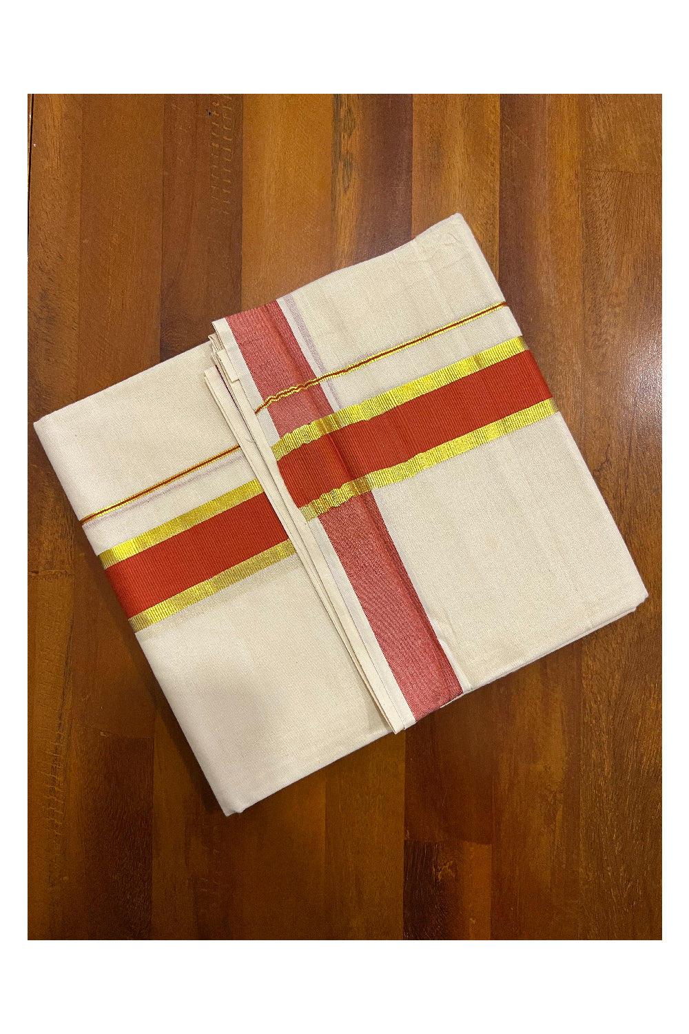 Off White Kerala Double Mundu with Kasavu and Red Border (South Indian Dhoti)