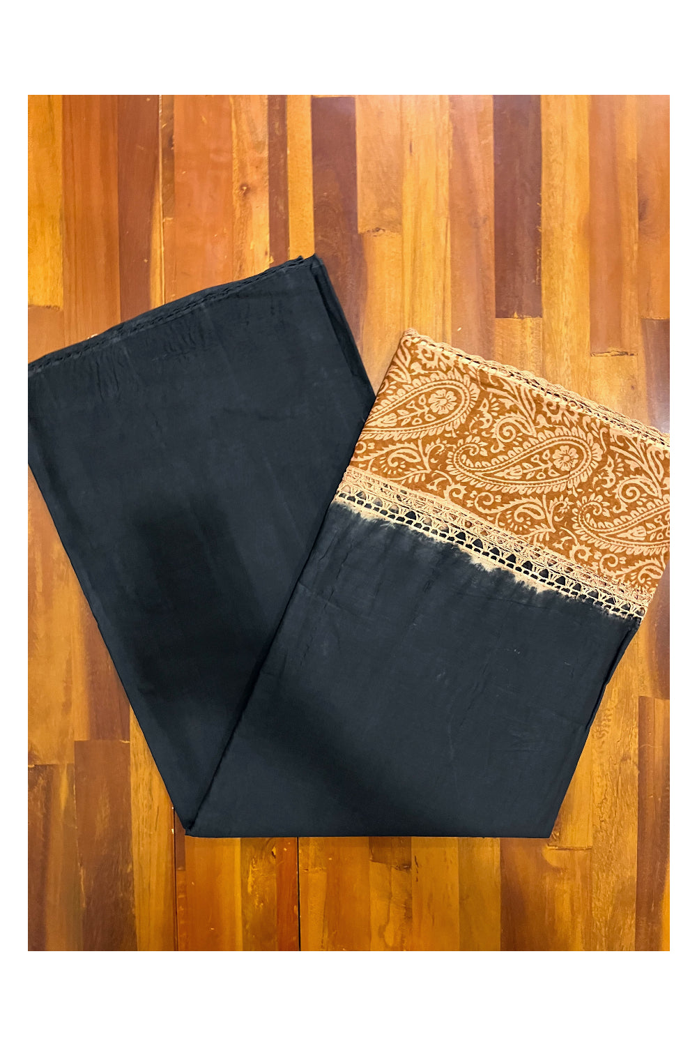 Southloom Pure Cotton Black Saree with Designer Orange Crochet works on Border