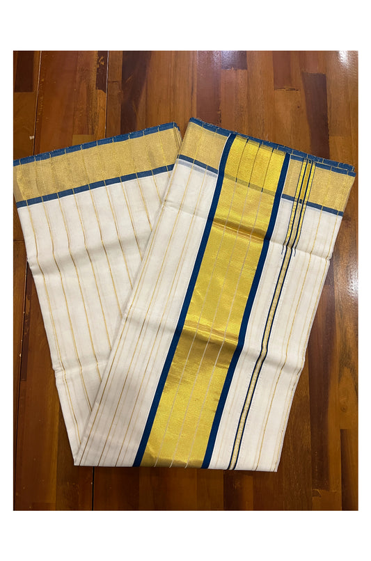 Southloom™ Original Handloom Cotton Saree with Blue Border and Kasavu Lines Across Body