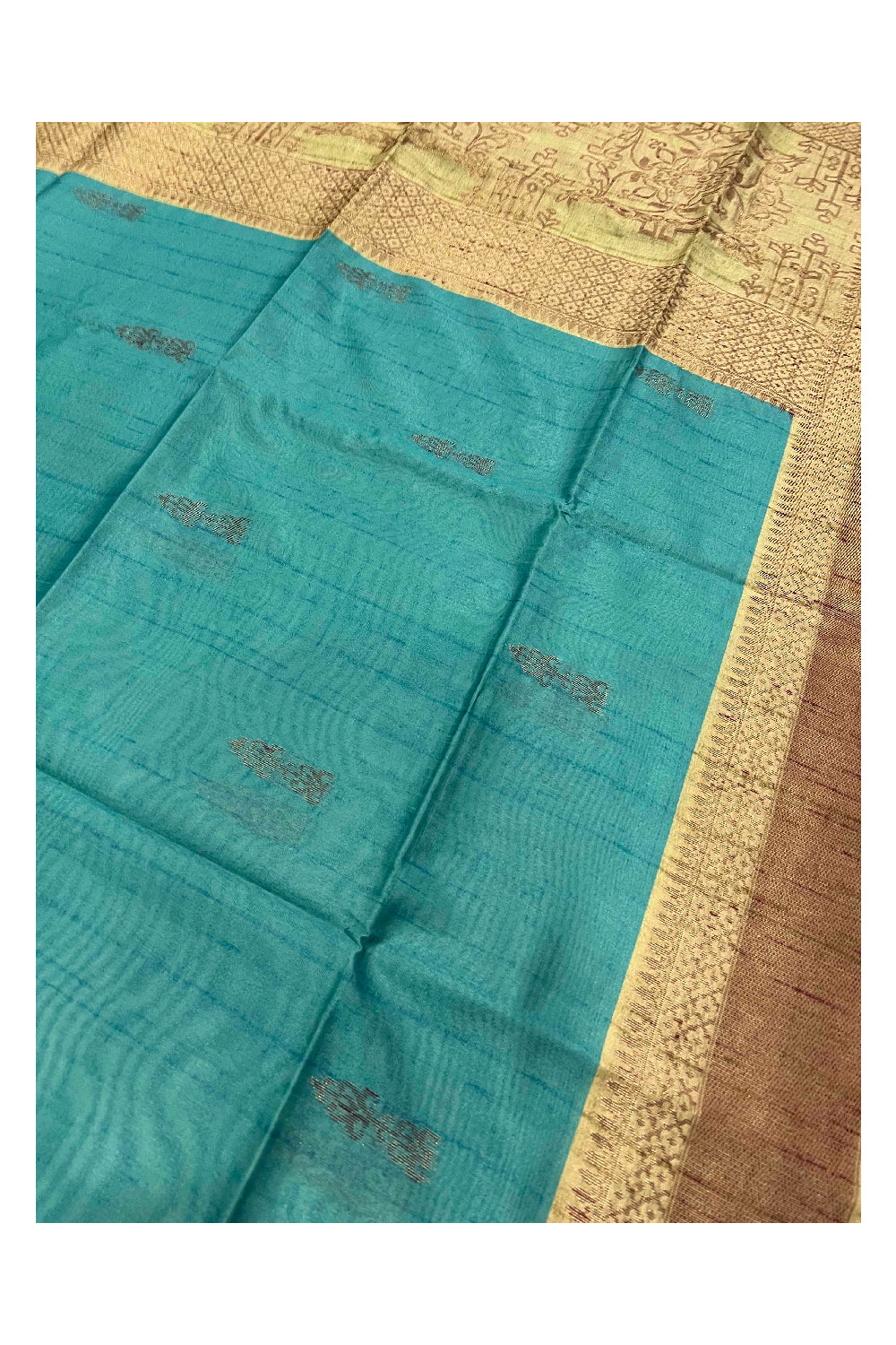 Southloom Ocean Blue Semi Tussar Designer Saree with Light Brown Border