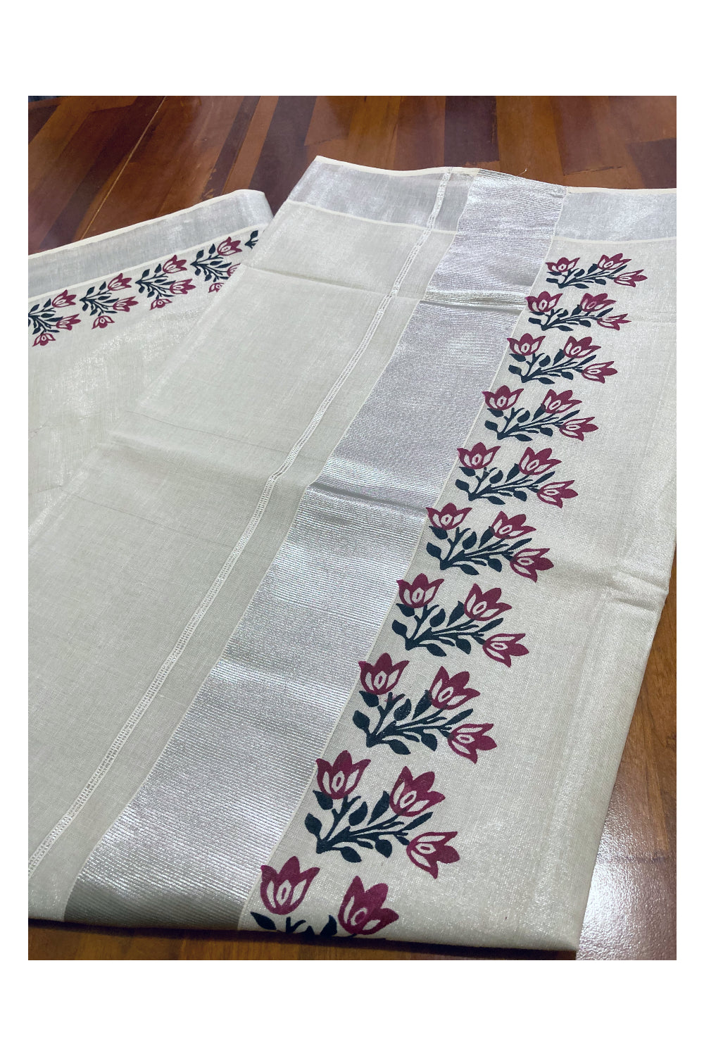 Kerala Silver Tissue Kasavu Saree with Maroon and Black Block Prints