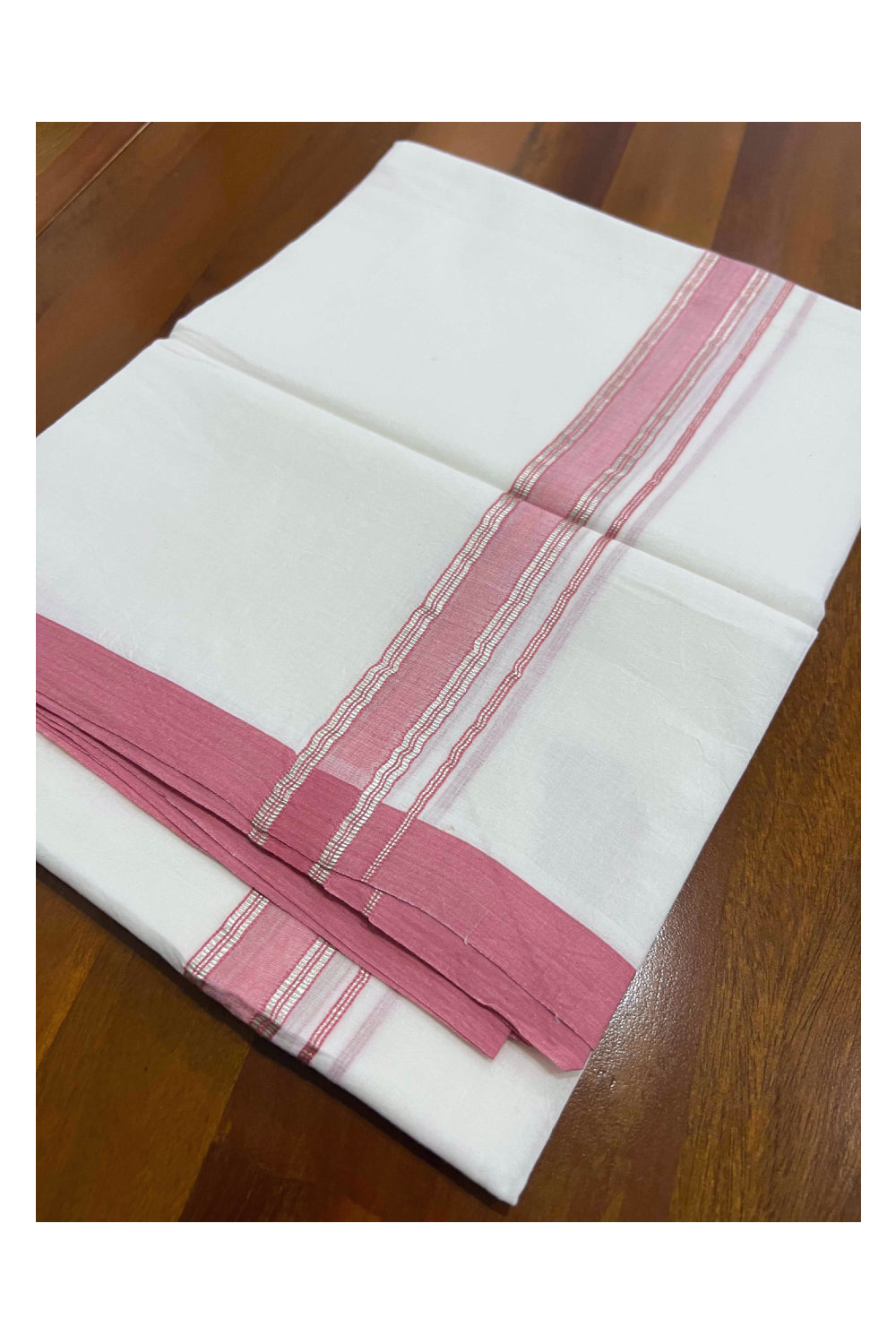 Pure White Cotton Mundu with Peach and Silver Kara (South Indian Dhoti)