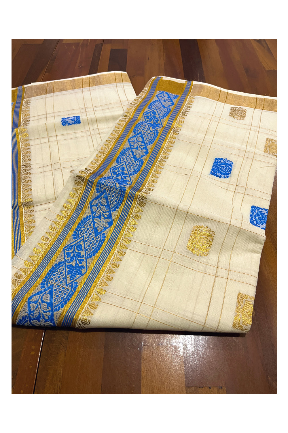 Pure Cotton Kerala Heavy Work Saree with Blue and Kasavu Check Design