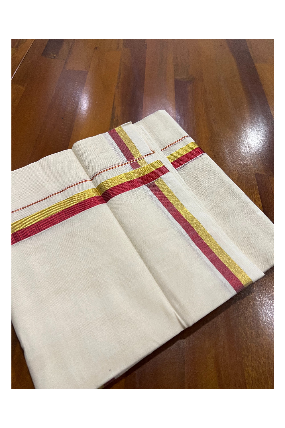 Southloom Balaramapuram Handloom Pure Cotton Mundu with Golden and Red Kasavu Border (South Indian Dhoti)