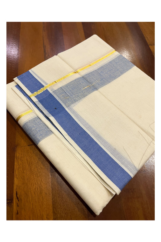 Pure Cotton Double Mundu with Kasavu Blue Kara (South Indian Dhoti)