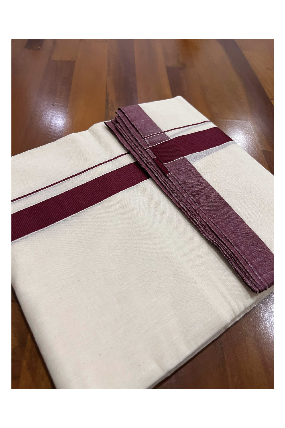 Off White Pure Cotton Double Mundu with Maroon Kara (South Indian Dhoti)