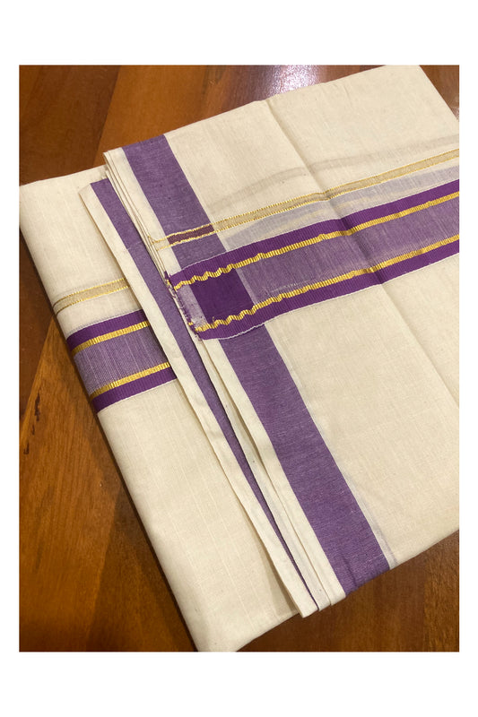 Off White Pure Cotton Double Mundu with Kasavu and Violet Border (South Indian Dhoti)