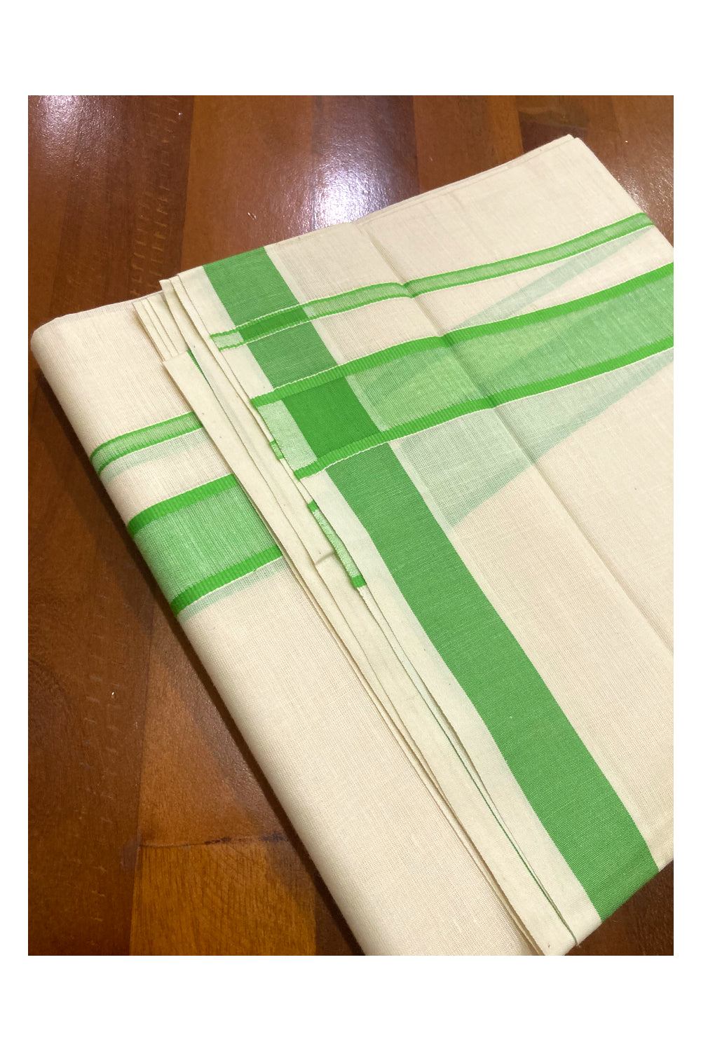 Off White Pure Cotton Double Mundu with Green Border (South Indian Kerala Dhoti)